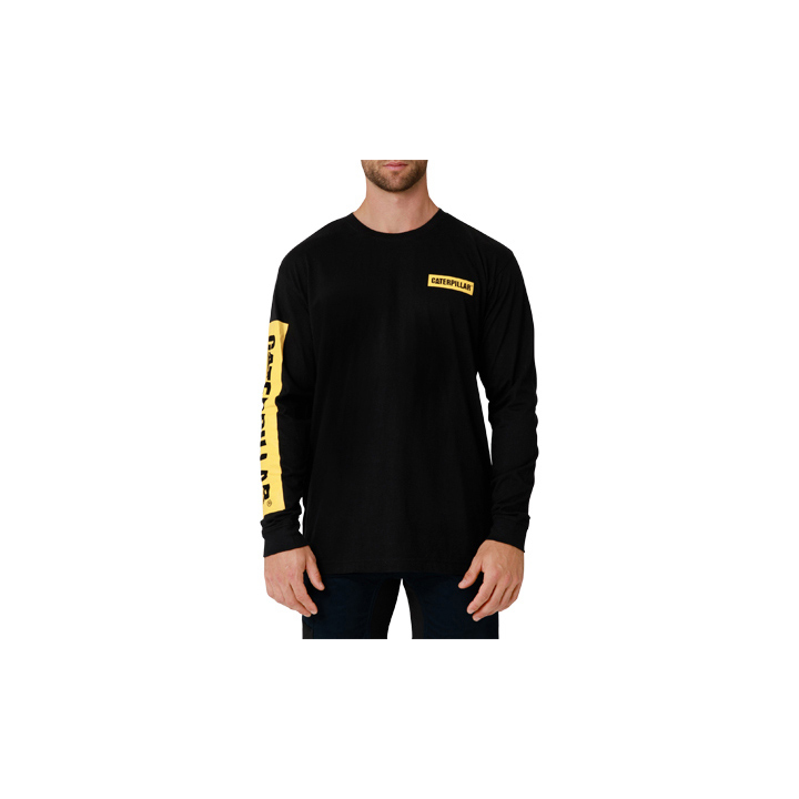 Caterpillar Clothing South Africa - Cat Men's Icon Block Long Sleeve T-Shirts Black/Yellow UP3027518